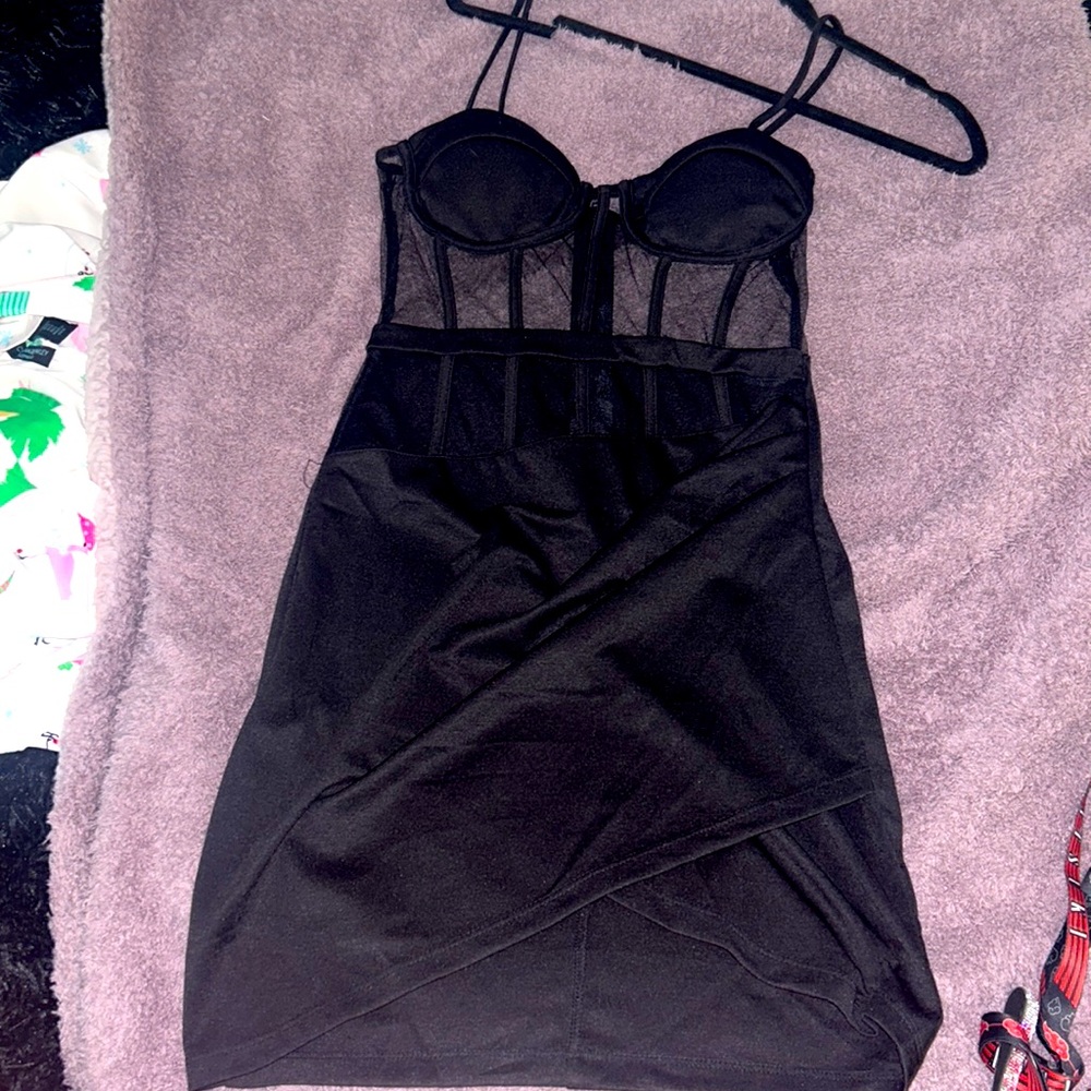 Black cocktail dress, mesh ribbed top